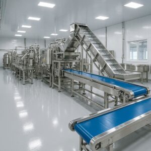 Sanitary and hygienic stainless steel surfaces in a food processing environment, demonstrating the cleaning power of the best industrial solvent degreaser for food processing.