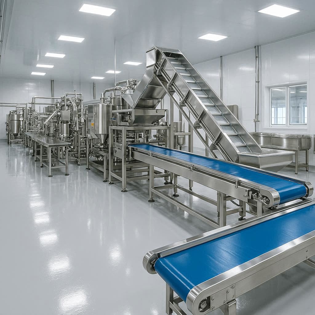Sanitary and hygienic stainless steel surfaces in a food processing environment, demonstrating the cleaning power of the best industrial solvent degreaser for food processing.
