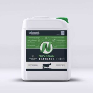 Teat Dip Disinfectant for Cows. 25L can of Nuvosan TEATGARD, a sustainable dairy health solution for optimal teat care and protection.