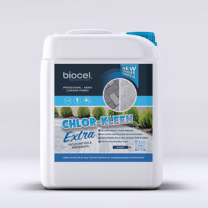 5 litre Jerry Can of Biocel's new branded Concrete Cleaner Chlor-Kleen Extra formulated to clean Concrete, Wall's, Natural Stone, UPVC & Block Paving.