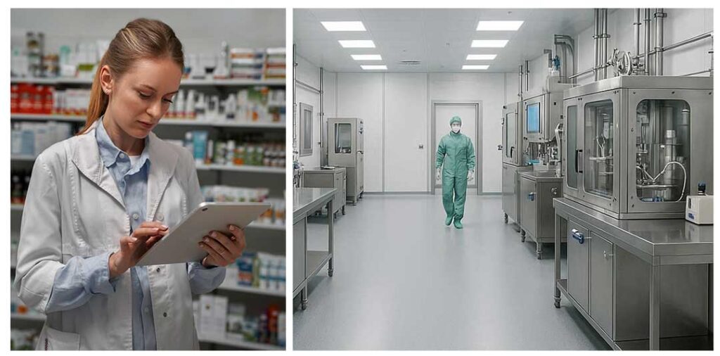 Lab inspection in a cleanroom: woman checking documents while man wears full PPE inspecting stainless steel equipment in pharma lab.